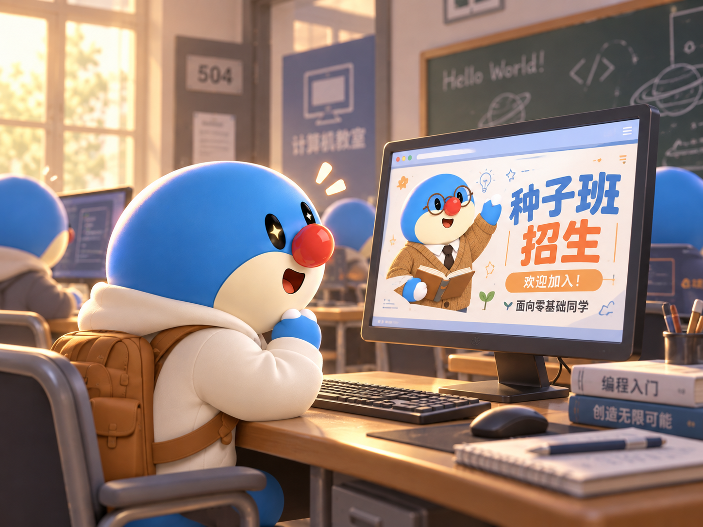 机房电脑屏幕上显示老师的种子班招生海报，写着欢迎加入、面向零基础同学，小同学看得眼睛发亮。