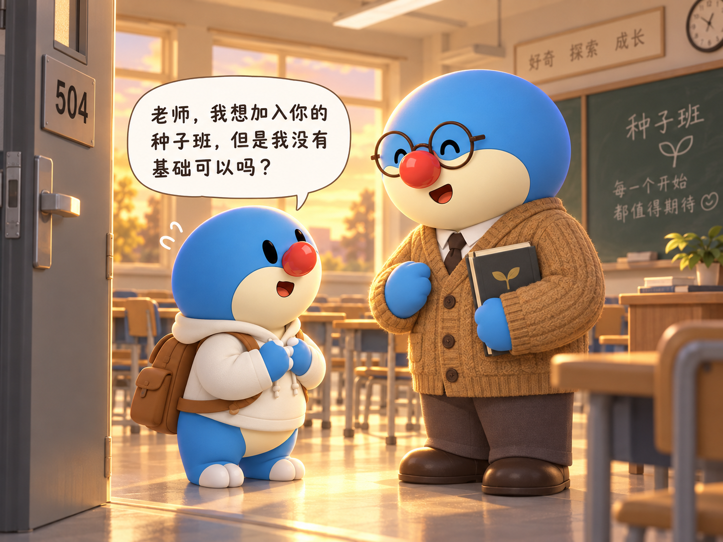 下课后的 504 教室门口，小同学鼓起勇气问老师：老师，我想加入你的种子班，但是我没有基础可以吗？老师微笑着认真听。