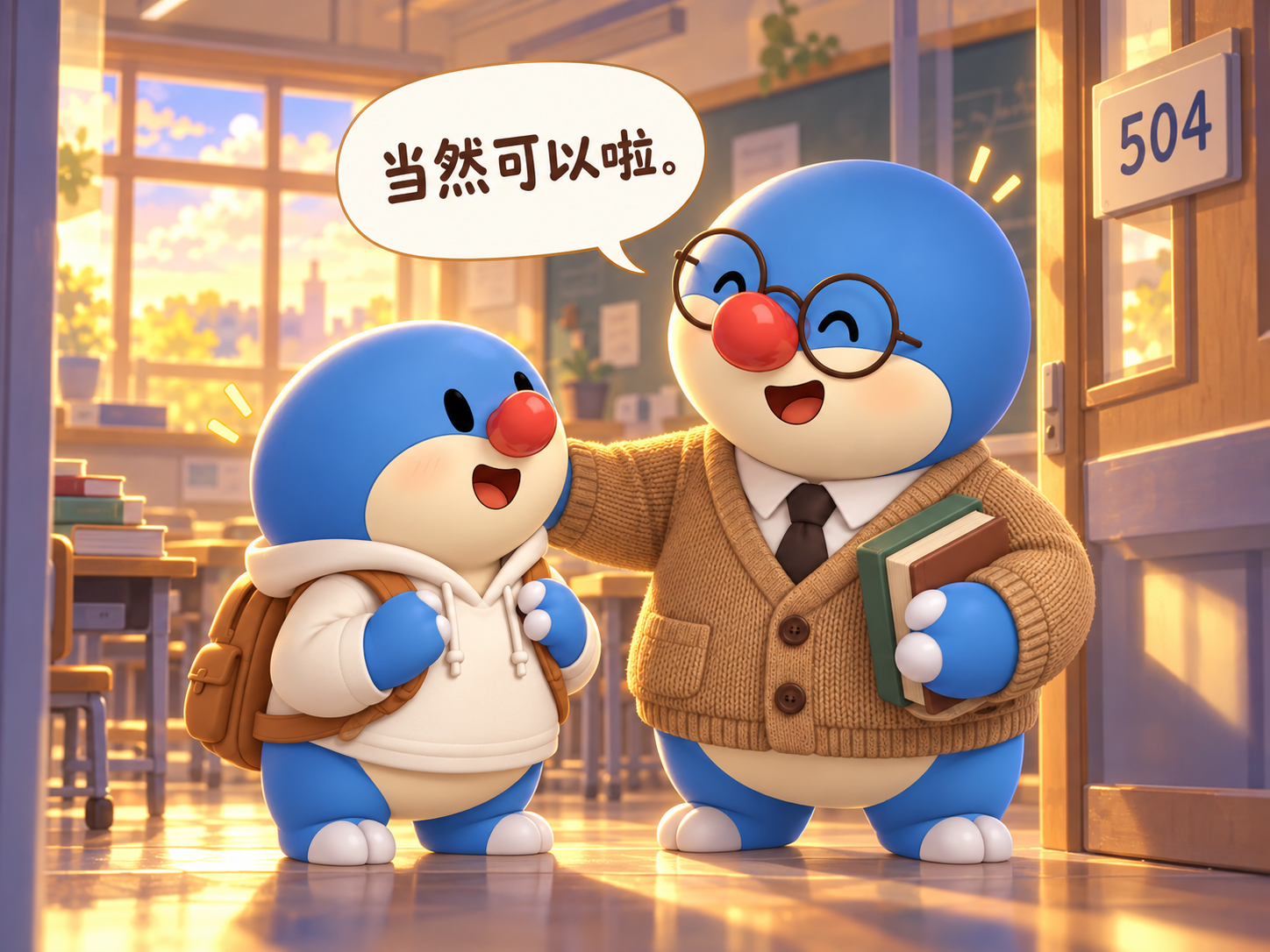 暖光中的 504 门口，老师轻轻搭着小同学的肩膀，笑着说：当然可以啦。小同学开心地笑了。
