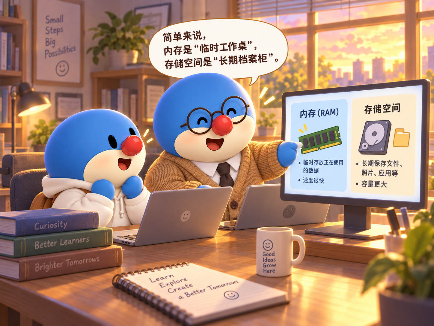 温暖的办公室里,老师指着电脑上的图示,为小同学讲解内存和存储空间:内存像临时工作桌,存储空间像长期档案柜。