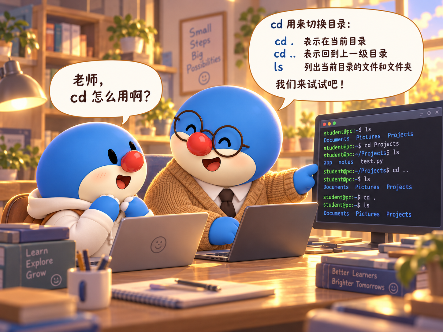 小同学问老师 cd 怎么用。老师指着终端,解释 cd 切换目录,点号表示当前目录,两个点表示上一级目录,ls 列出当前目录的文件和文件夹,并鼓励他亲手试一试。