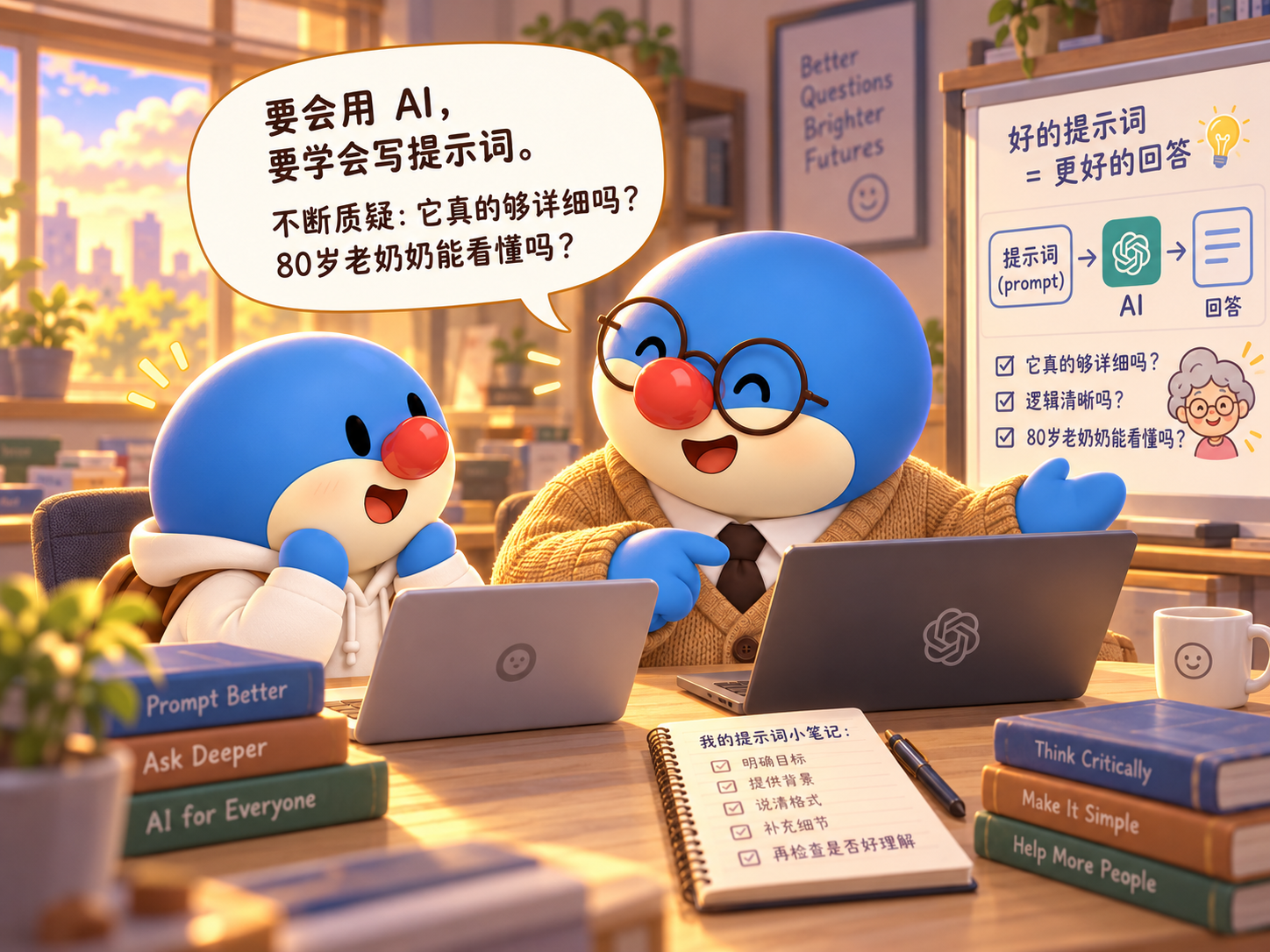 老师教小同学使用 AI、写提示词,并提醒他不断质疑回答:它真的够详细吗?80 岁的老奶奶能看懂吗?桌上摆着记录提示词技巧的笔记本。