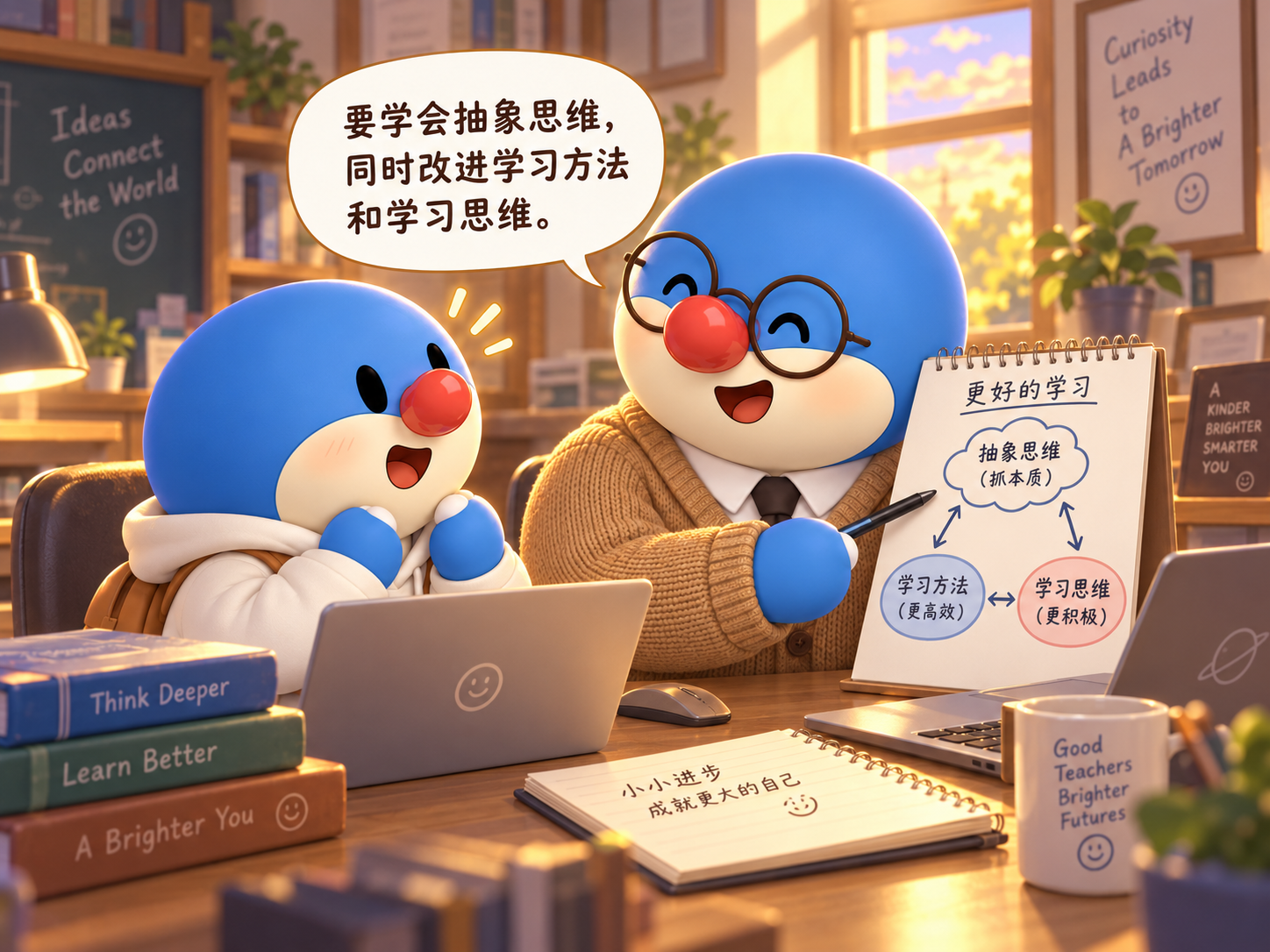 老师用纸上的思维图讲解抽象思维、学习方法和学习思维,鼓励小同学学会抓住本质,改进学习方法,培养自己学习的能力。